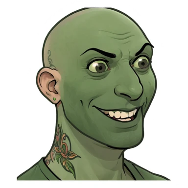 Italian brainrot meme, even more tattoos, even more doucher, exaggerated Italian hand gestures aggressive, short man syndrome, large sleeve tattoos and neck tattoos, bald, dark facial features, rat vibe, silly expression, chaotic and humorous style sticker