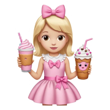 A little girl with a Dunkin' milkshake and a donut with pink frosting and marshmallows, wearing a pink coquette-style dress with bows and blonde hair. sticker