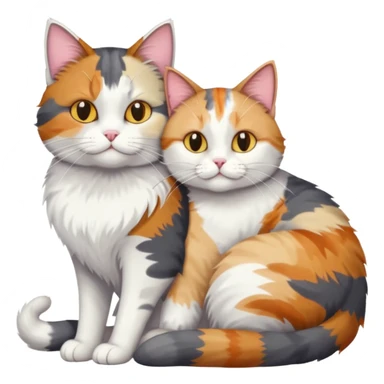 full body colourful light patched calico + white tabby cat cuddling a large grey and white cat  sticker