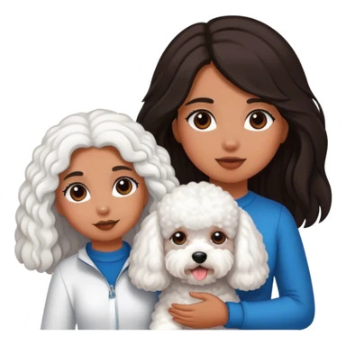 Tanned girl with dark, long hair and a bichon sticker