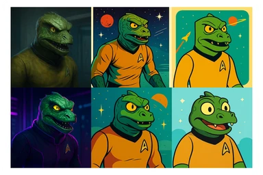 Gorn, a classic lizard-like alien with a muscular build, scaly green skin, and a fierce expression, inspired by the iconic Star Trek character, in a variety of creative styles sticker