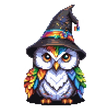 Cute owl with rainbow feathers and a wizard hat sticker