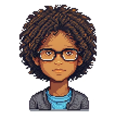 11 year old mixed-race boy with glasses and curly hair, pixel art style sticker