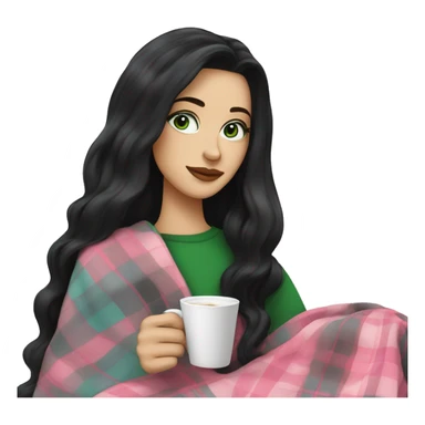 A pretty white woman with long black hair and green eyes wrapped in pastel pink plaid blanket drinking coffee sticker