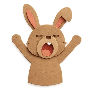 brown bunny stretching arms while yawning, paper-craft style sticker