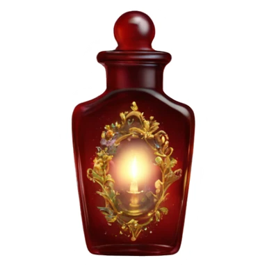 Dark red magic fairy light sparkling old Antique oil perfume bottle with herbal and flowers sticker