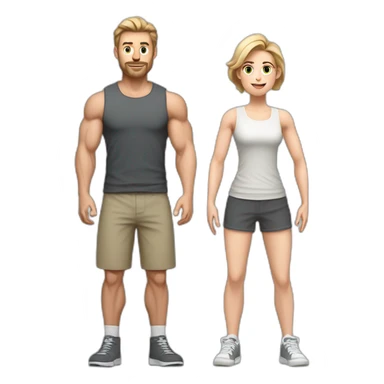 Full height Actively gesturing with hands Pale skinned Fit Man With the biceps and light brown hair with Bristle in dark gray Sleeveless Mike, beige oversize sports shorts and white Sneakers sticker
