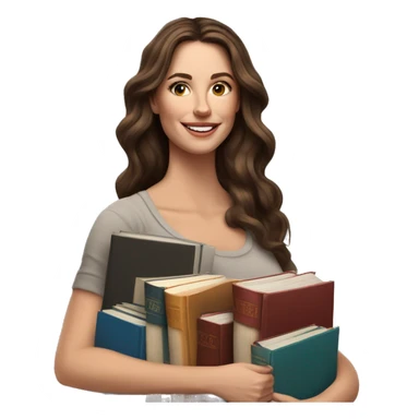 white woman brunette long wavy hair highlights woman while holding large stack of books sticker