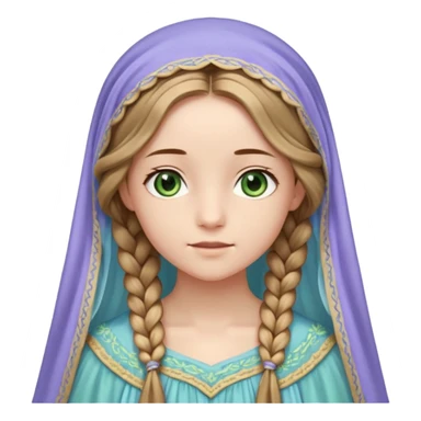 Joven de unos 20 años, de aspecto dulce y elegante.
Piel clara, ojos expresivos (pueden ser azules o verdes)
Rubio o castaño claro, largo, con trenzas o velo.
Vestido largo de tonos suaves (blanco, azul o lavanda), con bordados dorados; un manto o toca fina cubriendo la cabeza. sticker