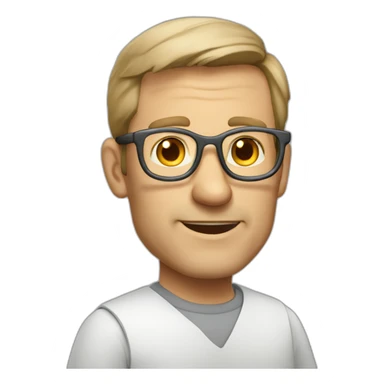 46-year-old white Dutch man with Grey glasses, light brown hair and a white blouse with small chairs on it sticker