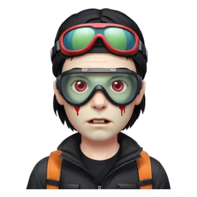 Zombie Emoji AppleIOS Style, lowfade Black Hair, Ski Goggles on right slide of The Head, and Black T-shirt sticker