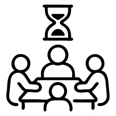 minimalist outlined icon of players and a game master collaborating, with a clock or hourglass representing a multi-day marathon, worn and distressed effect sticker