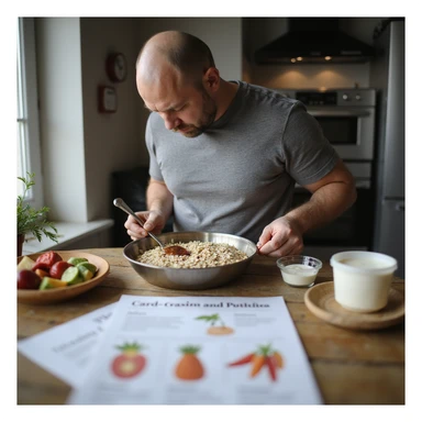 realistic image of a man preparing breakfast following a nutritional plan for cardiovascular health, ingredients like oats, fresh fruit and yogurt on the table, colorful and illustrated nutritional plan, cozy home environment sticker