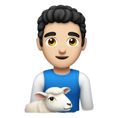 white man with black hair and blue eyes with sheep sticker