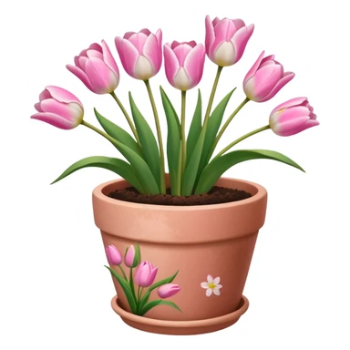 pink tulips in a plant pot in terra cota with white and pink flowers hand painted on the pot  sticker