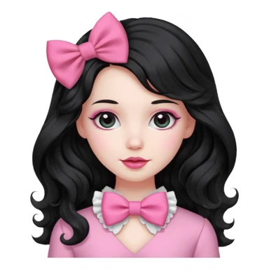 black hair with wavy long hair and pink clothes coquette vibes, a bow sticker