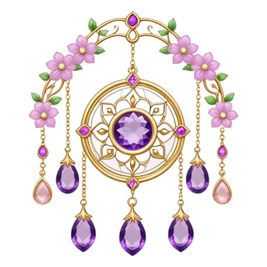 Epic beautiful gorgeous cute gold suncatcher, threads with shiny sparkly amethyst and rose-quartz gemstones, flowers,  sticker