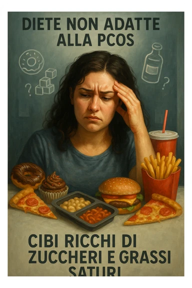 vertical realistic cinematic illustration in Italian: woman with PCOS following generic and wrong diets, confused or frustrated expression, symbols of unsuitable diet foods, captions in Italian explaining the mistakes, clinical atmosphere, dramatic lighting, aspect ratio 2:3 sticker