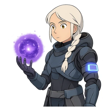 1 female, white hair long braid, gold yellow eyes, no helmet, a novice warlock from Destiny 2 armor, charging a void grenade in her hand, futuristic technology, with a glowing warlock bond, level 1 warlock sticker
