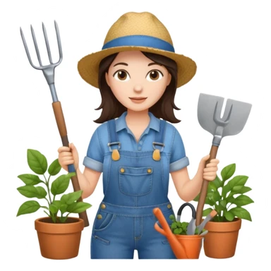 Brunette female gardener wearing overalls holding tools sticker