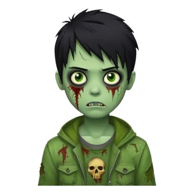 boy zombie with black hair, emo style, green skin, tattered clothes sticker