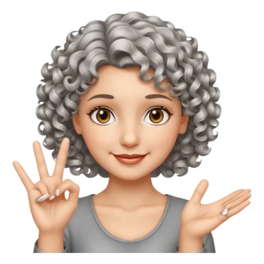 silver, short, wavy-haired with curls, smiling pretty lady, index and middle fingers crossed on one hand, hazel eyes sticker