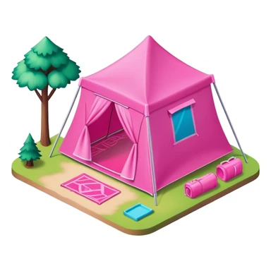 Isometric exterior view of hot pink Barbie campsite sticker