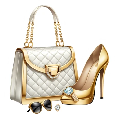 A photorealistic icon featuring luxurious fashion accessories like a high-end handbag, elegant high heels, a sparkling diamond necklace and a stylish pair of sunglasses. The design includes gold accents, purfume, and glamorous textures, fashion, and VIP luxury. Transparent background sticker