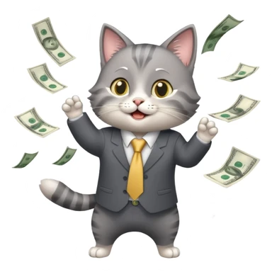 A business cat with money flying around, looking excited sticker