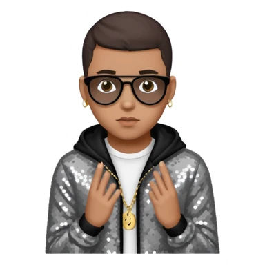 Bad Bunny, Puerto Rican Rapper with dark brown hair, gray sequin outfit sticker