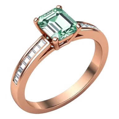 A rose gold, emerald cut diamond engagement ring. The band is a half eternity band sticker