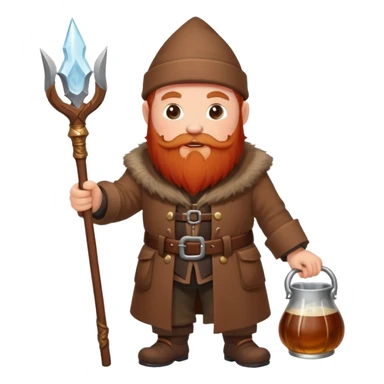 I need a image of a small dwarf in a brown coat with a red beard and a staff with ale in it, walking over and pouring the ale out of the tip of his staff sticker