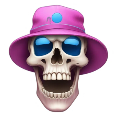 a skull looking off centre by 45 degrees. Wearing a pink hat with a blue “B” motif sticker