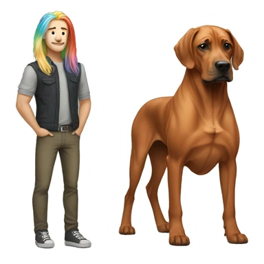 white male with long rainbow colored hair standing alongside a brown rhodesian ridgeback sticker