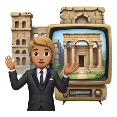 Icon for Documentary Film (TV style): a host presenting in front of video footage showing ancient ruins. The design should evoke a vintage TV broadcast with historical content, complete with a clear view of the host and the ruins behind. Transparent background. sticker