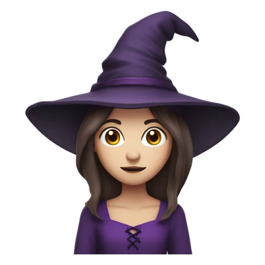 a young white thin girl with straight brown hair and dark eyes dressed as a witch with purple hat sticker