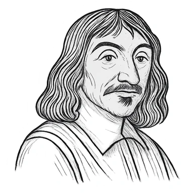 Enhance the Descartes black outline icon with more detailed and refined facial features, hair, and clothing, maintaining the hand-drawn black outlined style with no fill. Keep the transparent background. sticker