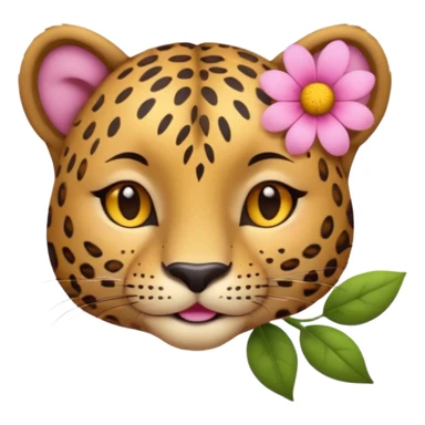 A cutE leopard face with eyes closed and a peaceful smile. A pink flower with a yellow center is tucked behind its right ear, adding a charming and gentle touch.  sticker