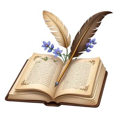 Icon for Poetry Reading: an open book with flowing verses on the pages, surrounded by a quill, ink bottle, and delicate flowers. The icon should evoke the beauty and emotion of poetry. Transparent background. sticker