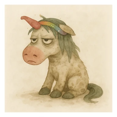 Add sparkles to the bright unicorn headband. Keep the watercolor style. The unicorn remains dirty, crumpled, with bags under its eyes and a drooping horn. sticker