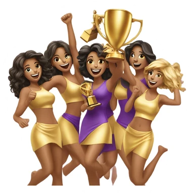 Seven beautiful women celebrating with a huge gold trophy sticker
