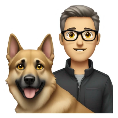 A guy with brown hair, guy have grey eyes, and thin, stylish black glasses. accompanied by a grey German Shepherd (female). dog have with yellow eyes. sticker