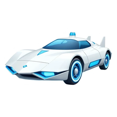 Futuristic retro hover white car with sharp angular design and glowing blue wheels, front view, flat vector style, minimal color palette with subtle blue highlights sticker
