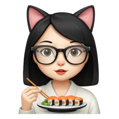 cute girl cat with long straight hair and really big square glasses with super thin frames eating sushi sticker