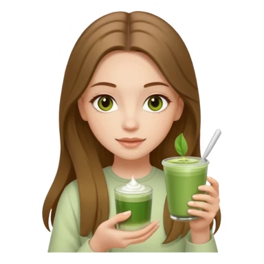 white long brunette hair girl with hazel eyes wearing light who is holding matcha sticker