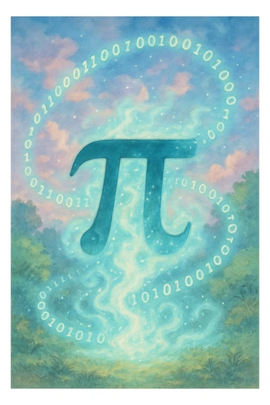  combine the π (pi) math symbol, binary code, and digital mist emerging from it. sticker