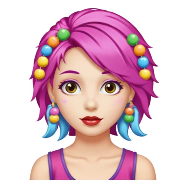 colorful hair woman with candy accessories, not holting a candy sticker