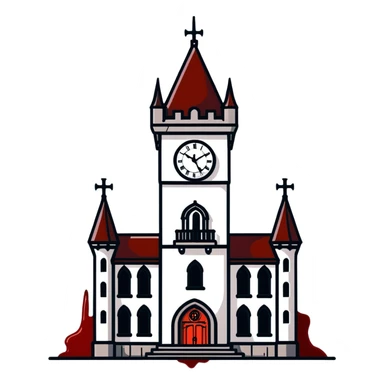 Gothic clocktower with blood running down its stone walls, creepy atmosphere sticker