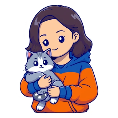Brunette girl with dark blue sweatshirt cuddling a fluffy grey Siberian cat, detailed illustration sticker