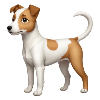 a full body white parson russell looking dog the size of a kelpie with light brown ears and a light brown patch on one eye and a large snout sticker